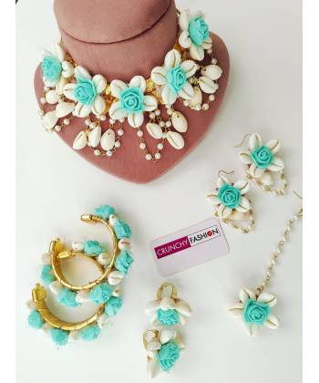 Sea Green Flower & Shell Jewellery Set for Haldi Mehndi