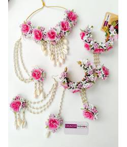 Pink-White Floral Bridal Jewellery for Haldi & Mehndi