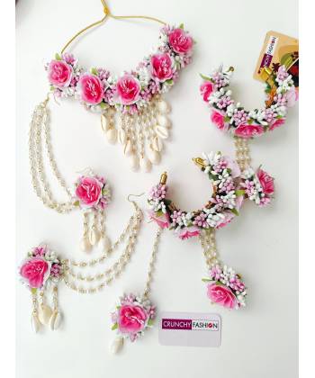Pink-White Floral Bridal Jewellery for Haldi & Mehndi