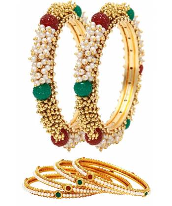 Traditional Gold Platted Pearl Polki Cpmbo of 2 Bangle Set