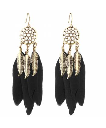 "The Tribal Muse" Oxidized Gold Black Feather Drop Earrings