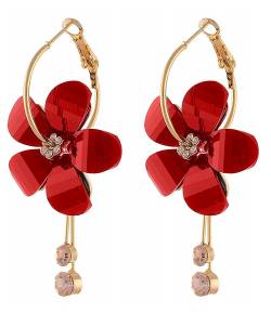 Gold-Plated Floral Design Red Studd Dangler Earrings CFE0717