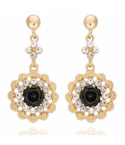 Gold-Plated Floral Black Stone Dangler Earring CFE0784