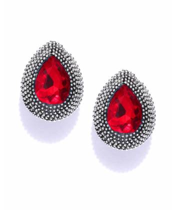 Oxidised Silver-Red Crystal  Teardrop Studs