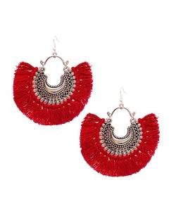Red Crescent Shaped Tasselled Drop Earrings