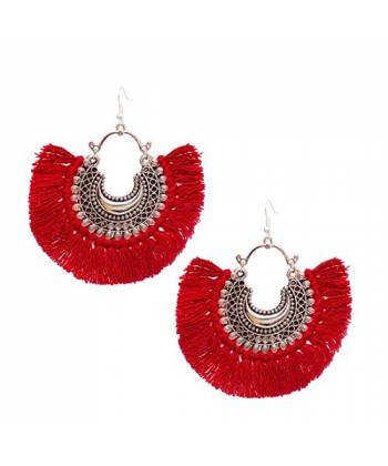 Red Crescent Shaped Tasselled Drop Earrings