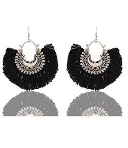 Black Crescent Shaped Tasselled Drop Earrings