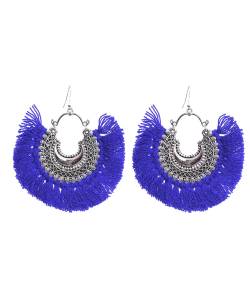 Blue Crescent Shaped Tasselled Drop Earrings