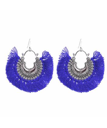 Blue Crescent Shaped Tasselled Drop Earrings