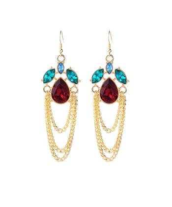 Gold Plated Maroon-Blue Crystal Dangler Earrings 