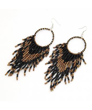 Black Beaded Tassels Handmade Hoop Earrings