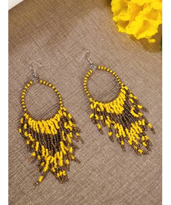 Yellow Beaded Handmade Tassels Hoop Earrings
