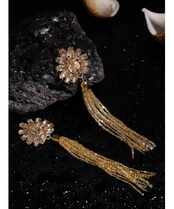 Golden Crystal Beaded Tassel Earrings
