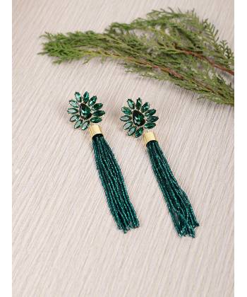 Green Crystal Beaded Tassel Earrings