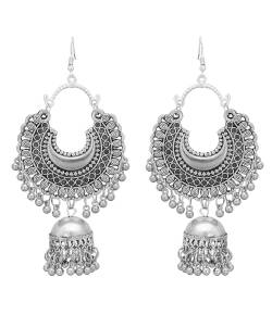 Bold Floral Chandelier Silver Hanging Jhumka Earrings
