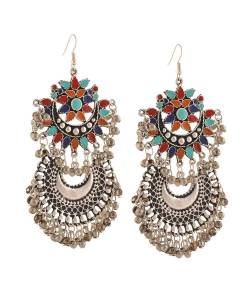 Oxidised Silver Multi Coloured Afghan Dangler Earrings