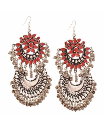 Oxidised Silver Red Coloured Afghan Dangler Earrings