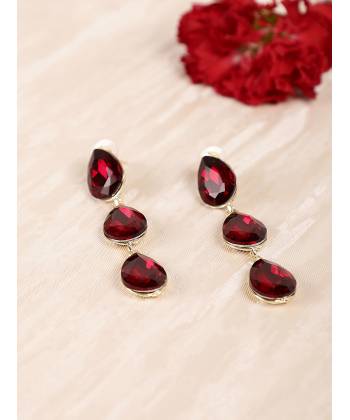 Gold Plated Red Sapphire Stone Long Drop-Earrings