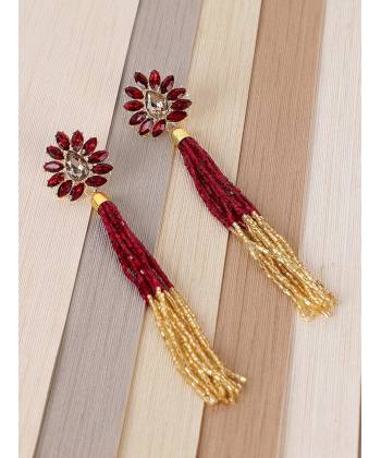 Red Crystal Golden-Red Beaded Tassel Earrings