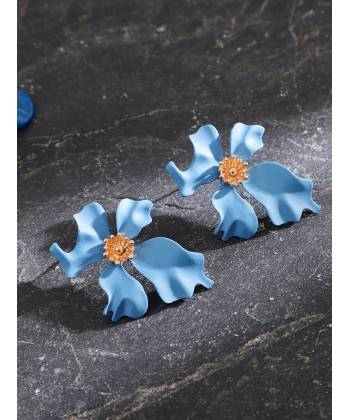 Blue Big Metal Flower Drop Dangle Earring