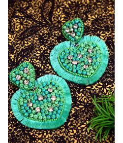 Boho Beaded Heart Shape Green Handcrafted Drop Earrings