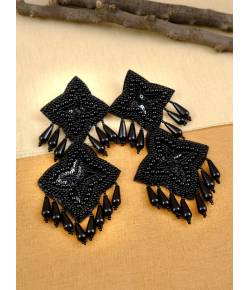 Black  Beads Studded Handcrafted Star Long Contemporary Drop Earrings  CFE1692