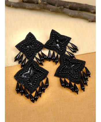 Black  Beads Studded Handcrafted Star Long Contemporary Drop Earrings  CFE1692
