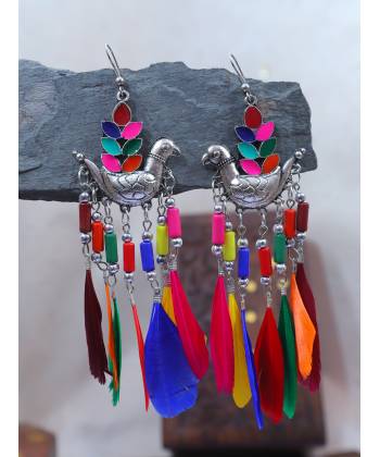 Oxidised Silver plated Multicolored Feather  Earrings