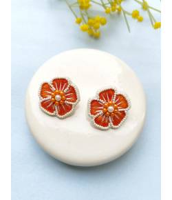 orange Flower Stud Earrings For Women & Girls