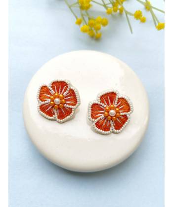 orange Flower Stud Earrings For Women & Girls