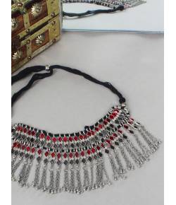 Oxidized Silver Red & Grey Choker Necklace Set