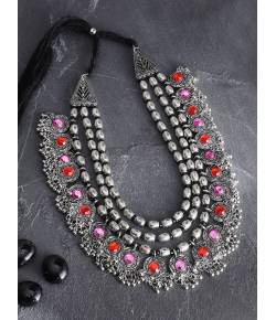 Crunchy Fashion Jewellery Oxidised Silver Plated Pink-Orange Crystal Bohemian Necklace for Women and Girls