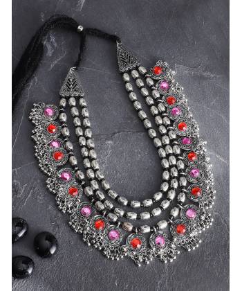 Crunchy Fashion Jewellery Oxidised Silver Plated Pink-Orange Crystal Bohemian Necklace for Women and Girls