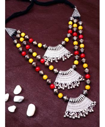 Oxidised  Silver with Red&Yellow Pearls Multi Layer Necklace 
