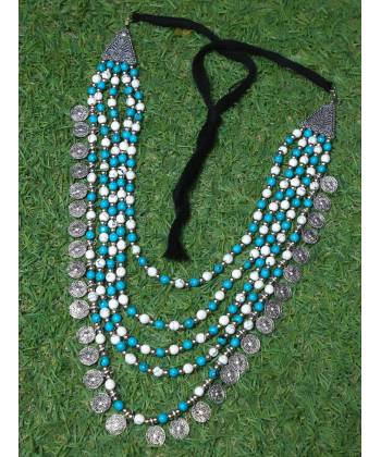 Oxidized Silver Coin Multilayer Blue White Pearls Necklace 
