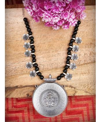 Oxidized German Silver Black Pearls Big Pendent Necklace CFN0869