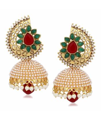 Gold Plated Green Pearl Polki Jhumka Earring