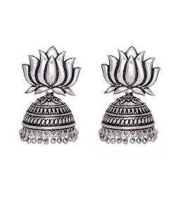 Oxidized Silver Lutus Jhumka Earrings