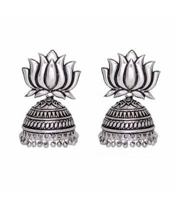 Oxidized Silver Lutus Jhumka Earrings