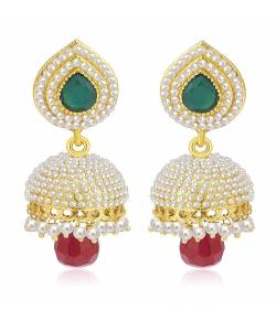 Marsala Red-Green Pearl Jhumka Earrings