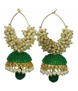 Green Pearl Beaded Jhumki Earrings For Women