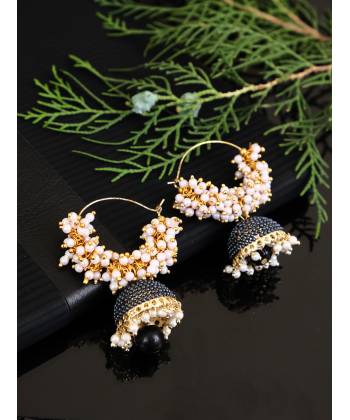 Black Pearl Beaded Jhumki Earrings For Women