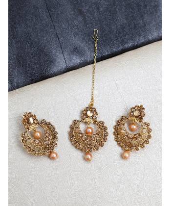 Gold Plated Chandbali Earrings & Maangtika Set 
