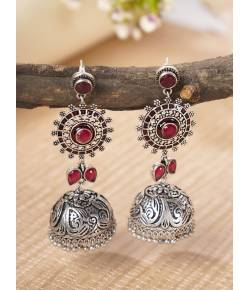 Floral Petite Red stone Silver Earrings