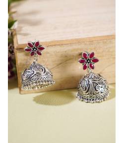 Silver Messy Dome Red Jhumka Earrings