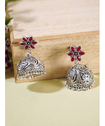 Silver Messy Dome Red Jhumka Earrings