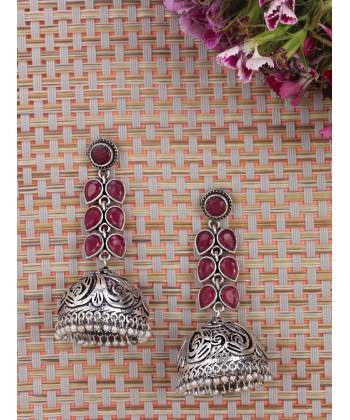  Pink Crystal Oxidized Silver Long Jhumka Earrings