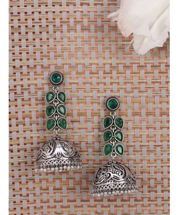  Green Crystal Oxidized Silver Long Jhumka Earrings
