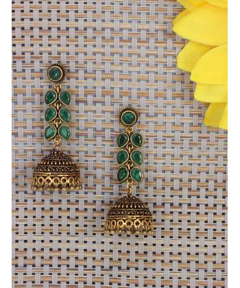  Green Crystal Oxidized Gold Long Jhumka Earrings