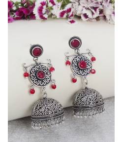 Floral Petite Red Silver Earrings